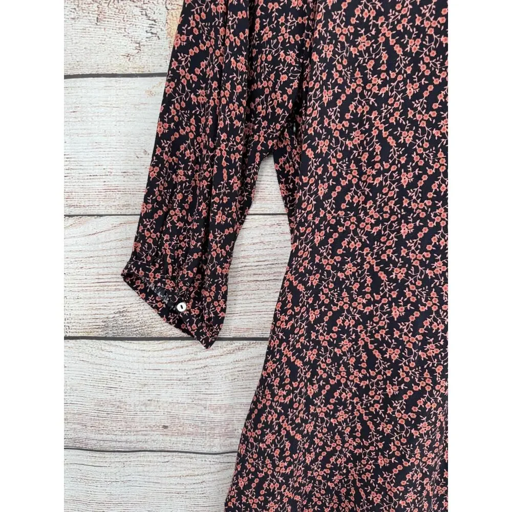 Free People V-Neck Floral Tie Front Mini‎ Dress Women's Size Medium Black/Pink